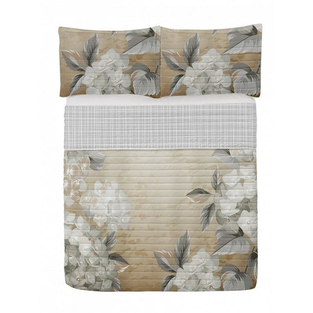 Floral Reversible Bedspread Set, Blooming Hydrangea Flowers Leaves Bouquet Vintage Style Spring Nature Print, Pillow Shams & Comforter Microfiber Bedding Set, 3 Sizes, Tan Dust, by Ambesonne