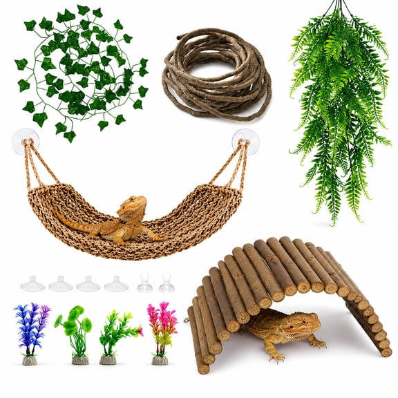 Aifanss Bearded Dragon Tank Accessories, 9 PCS Reptile Hammock Climbing Bridge Jungle Vines, Terrarium Decor for Lizards Geckos Snake Habitat Set