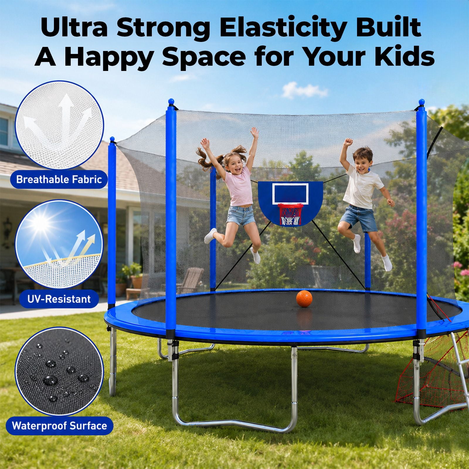 Alvantor 16Ft Trampoline for Kids & Adults, Round Trampoline with Enclosure Net,Basketball Hoop,Soccer Goal and Ladder for Backyard Blue