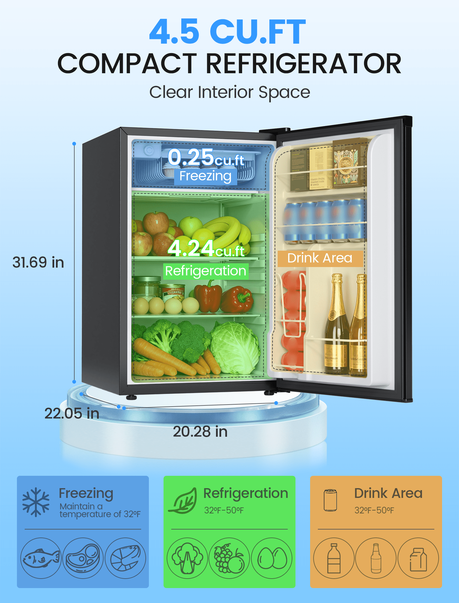 KNDKO 4.4 Cu.Ft Mini Fridge with Freezer, Apartment Refrigerator with Reversible Door, Adjustable Thermostat for Bedroom Dorm Office Kitchen, Black