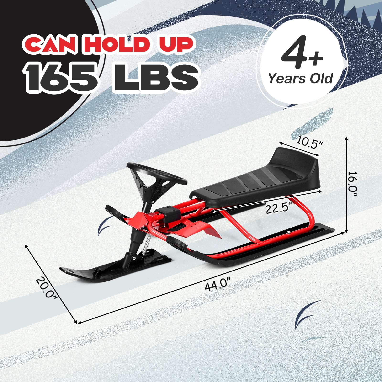 Costway Kids Snow Racer Sled Steering Wheel Double Brakes Pull