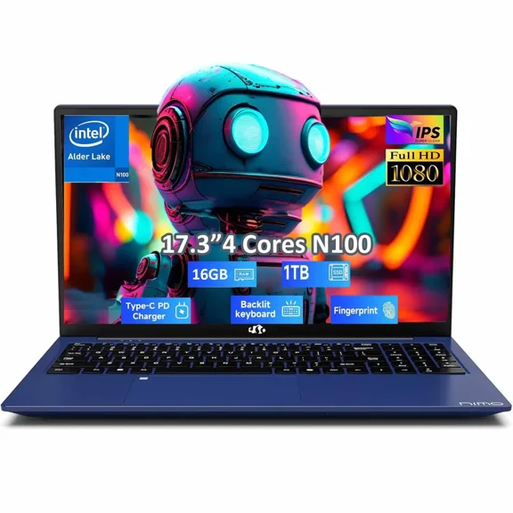 17.3" IPS FHD-Student-Laptop- 16GB RAM 1TB SSD, Intel Pentium 4 Cores N100(Beat i3-1115G4, Up to 3.4GHz) Computer with 65W Type-C 2 Years Warranty Fingerprint Backlit Keyboard Wi-Fi 6 BT5.2