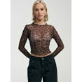 thumbnail image 4 of Women'S Mesh See Through T Shirt Fashion Money Print Long Sleeve Crop Top Slim Tee Tops Black Leopard Pattern M, 4 of 8