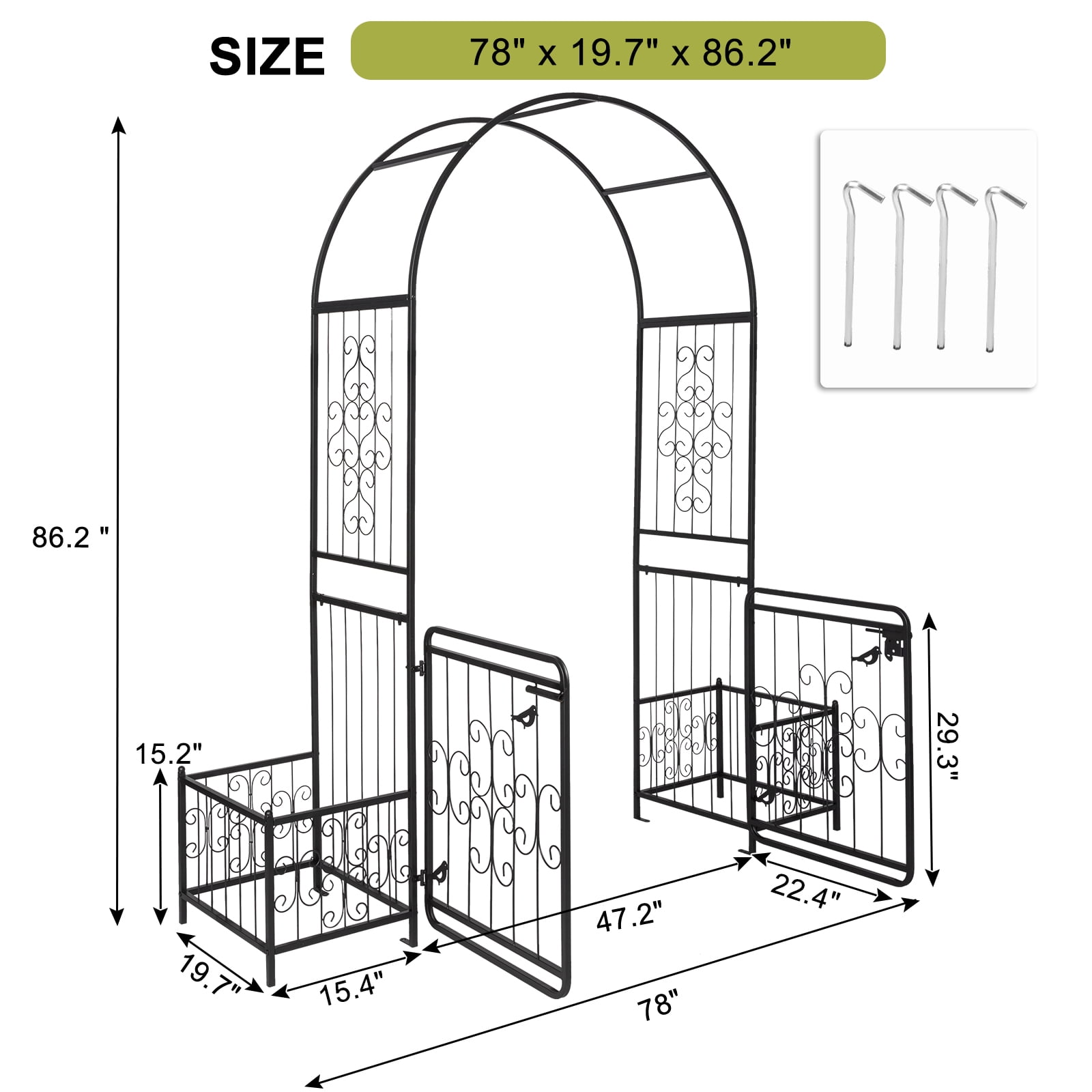 Iron Art Garden Arch Trellis, Arc Top Arch with Door & Planting Frame, Powder Coated Rustproof Free-standing Trellis for Climbing Flowers Vines Roses