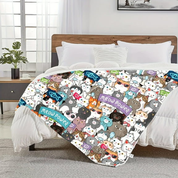 [Cozy Cartoon Cat Blanket] Soft Cartoon Cat Flannel Throw Blanket - Cozy, Warm, and Lightweight for Couch, Bed, Sofa, Office, and Travel - Perfect Gift for All Seasons