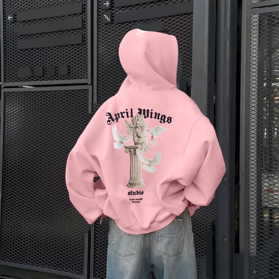 Women's Back Print Zip Up Polyester Hoodie | Oversized Layering Jacket with Pockets for Streetwear, Pink, L for Fall Winter