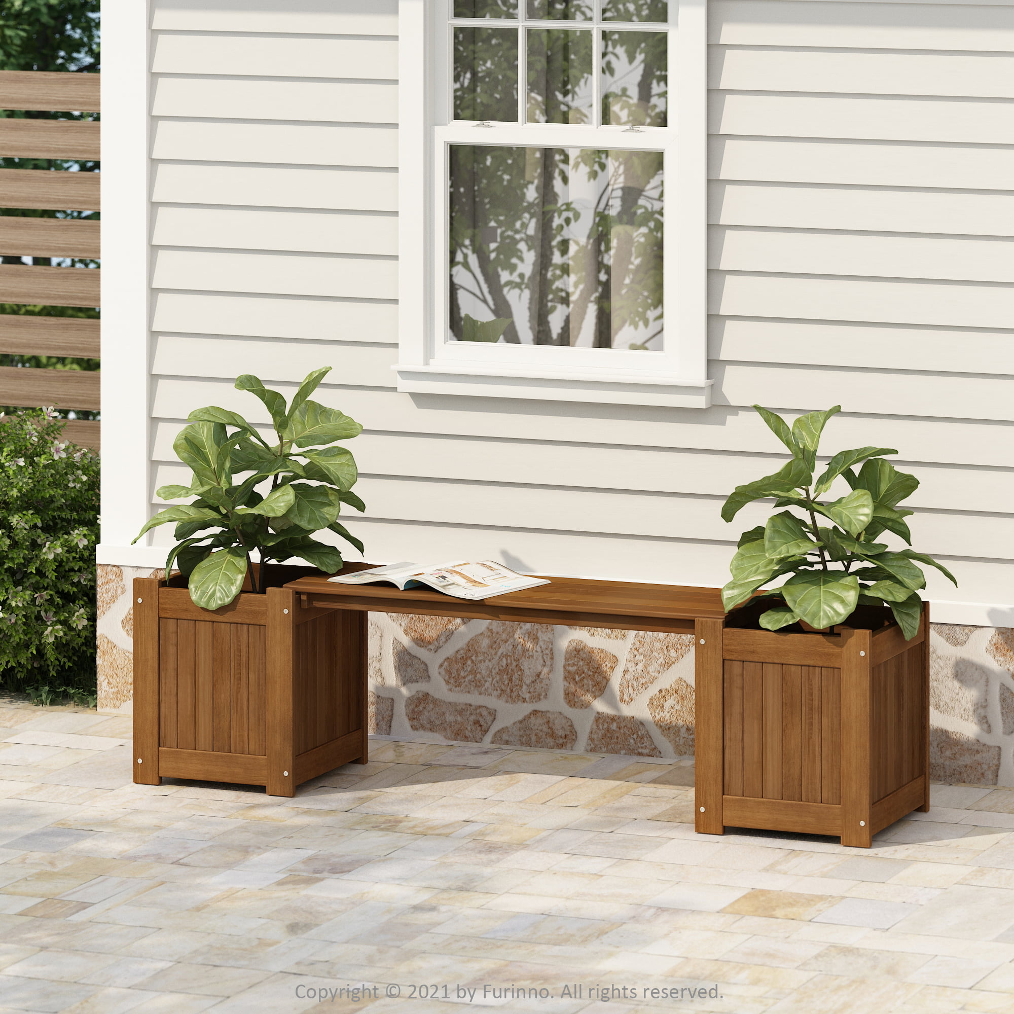 Furinno Planter Box Wood Bench Seat Plant Flower Vegetable Hardwood Brown Teak 