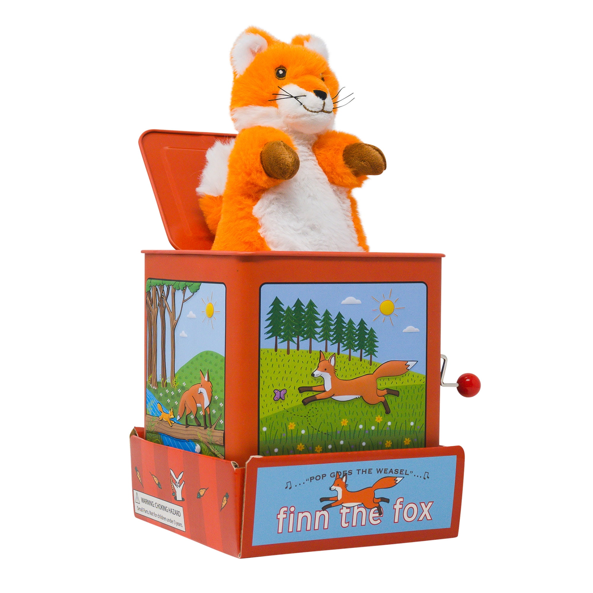 Jack Rabbit Creations Finn The Fox Jack in The Box Toy, Plush Fox, Side Crank Plays Pop Goes The Weasel, Surprise Pop-Up, Kids Age 3+