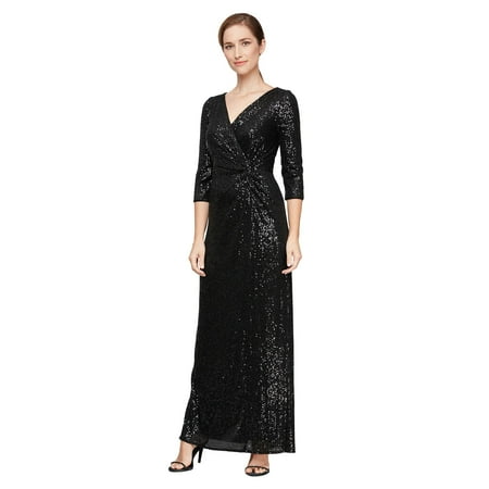 Alex Evenings Long Sequin Column Dress with Knot Front Detail (Womens, Black, 8)