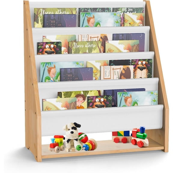 Sling Bookshelf for Kids, Bamboo Book Rack with 4 Tier Fabric Shelves, Kids Book