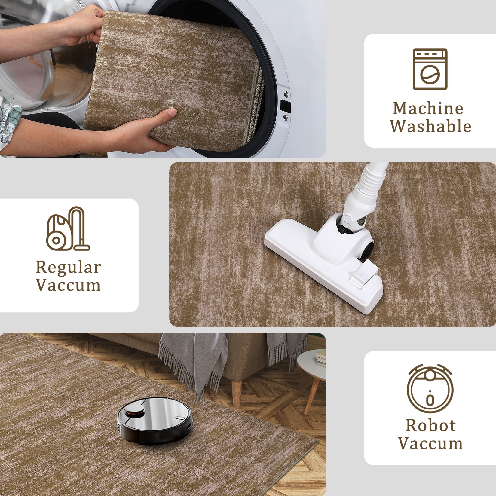 FairOnly 8'x10'Modern Abstract Non Slip Non Shedding Area Rug Solid Texture Machine Washable Rug for Living Room Bedroom Dining Room，Camel