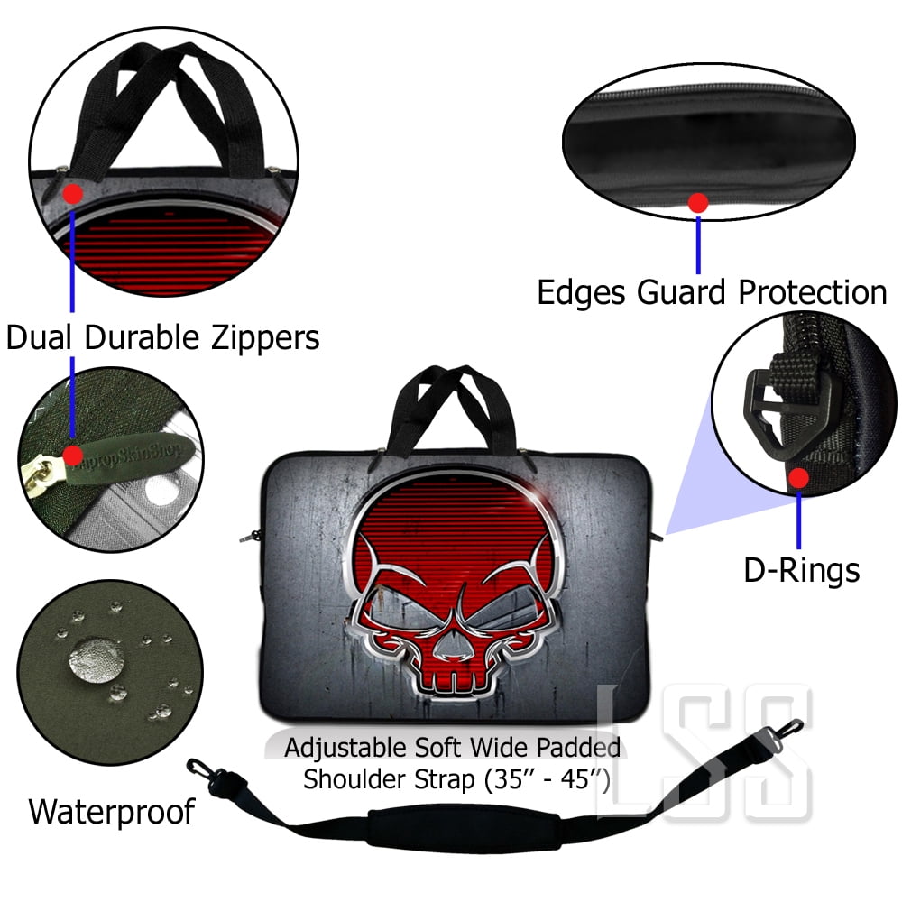 LSS 13.3 inch Laptop Sleeve Bag Compatible with Acer, Dell, HP, Sony, MacBook, Carrying Case w/ Handle & Adjustable Strap - Silver Red Skull