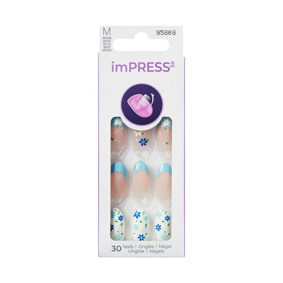 KISS imPRESS Press on Nails, Be Fancied, Blue, Medium Almond, 30 Count