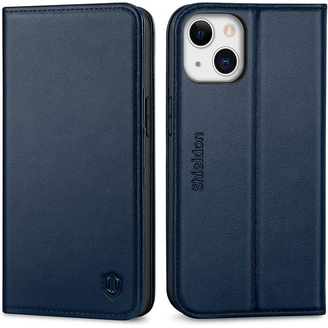 Case for iPhone 13 5G, Genuine Leather iPhone 13 Wallet Folio Case with Kickstand RFID Blocking Card Holder Magnetic Full Protection Case Compatible with iPhone 13 5G 6.1" - Navy Blue