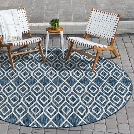 Rugs.com Jill Zarin Outdoor Collection Rug – 4' Round Blue Flatweave Rug Perfect For Kitchens, Dining Rooms