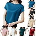thumbnail image 5 of Women Office Lady Tops Summer Short Sleeve O-Neck Satin Blouse Shirts Basic Lady, 5 of 8