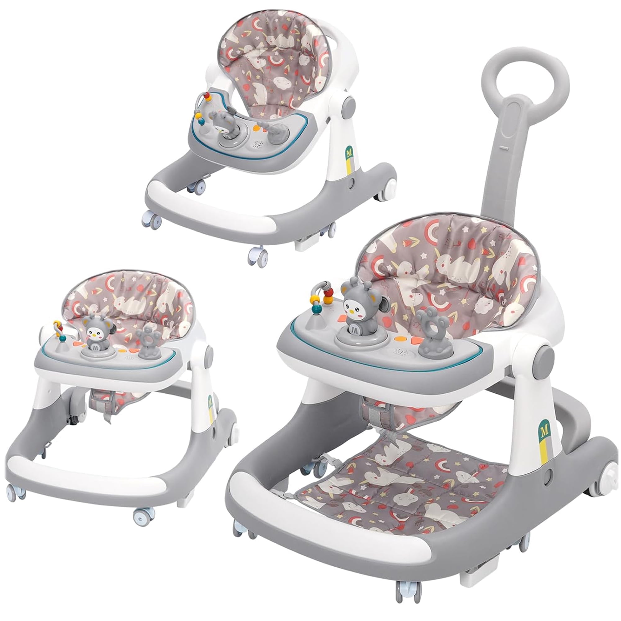 Ealing Baby 3-in-1 Push Walker with Wheels,Sit to Stand Toys, Adjustable Height, Kids Activity Center with Music and Feeding Tray,Birthday Gift for for Babies 6-36 Months , Infant, Boy, Girl（Grey）
