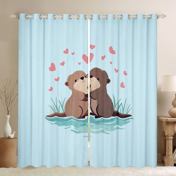 Manfei Cartoon Otter Couple Love Heart Black Out Curtains for Kids Boys and Girls, Animal Print Curtains Pack of 2 (42x63 Each)