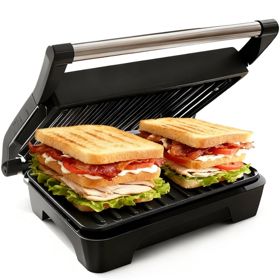 Panini Grill Press & Sandwich Maker with Dual Stainless Steel Non-Stick Plates and Removable Drip Tray, Ideal for Sandwiches, Burgers and Steaks