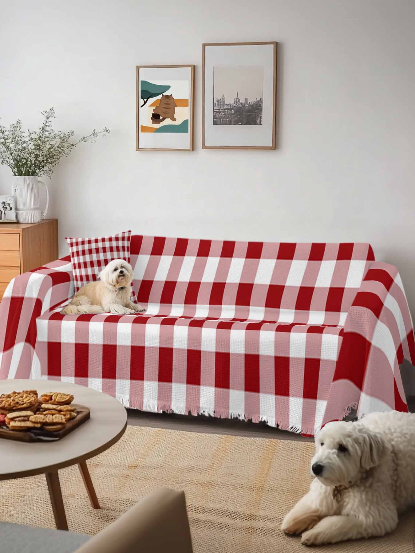 Farmhouse Buffalo Plaid Sofa Covers for 2-3 Cushion Couch L-Shaped Sectional, Red White Checkered Washable Sofa Covers Slipcover for Living Room Furniture, Couch Cover Blanket 71"x134"