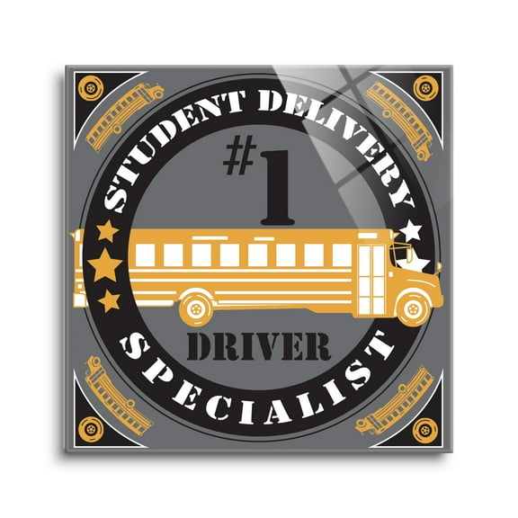 Specialist #1 Driver Yellow School Bus 24 x 24 Glass Wall Hanging Sign