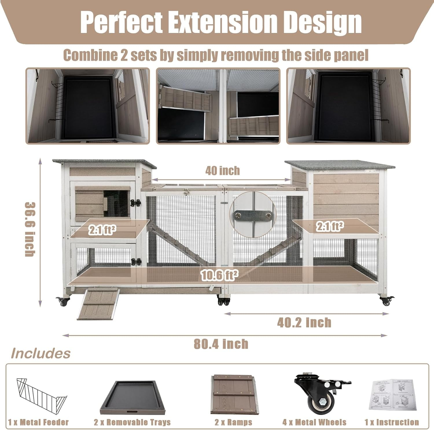 PETSCOSSET 40" Rabbit Hutch Indoor, 2 Story Outdoor Wooden Bunny Hutch with Run, Pet House for Small Animals