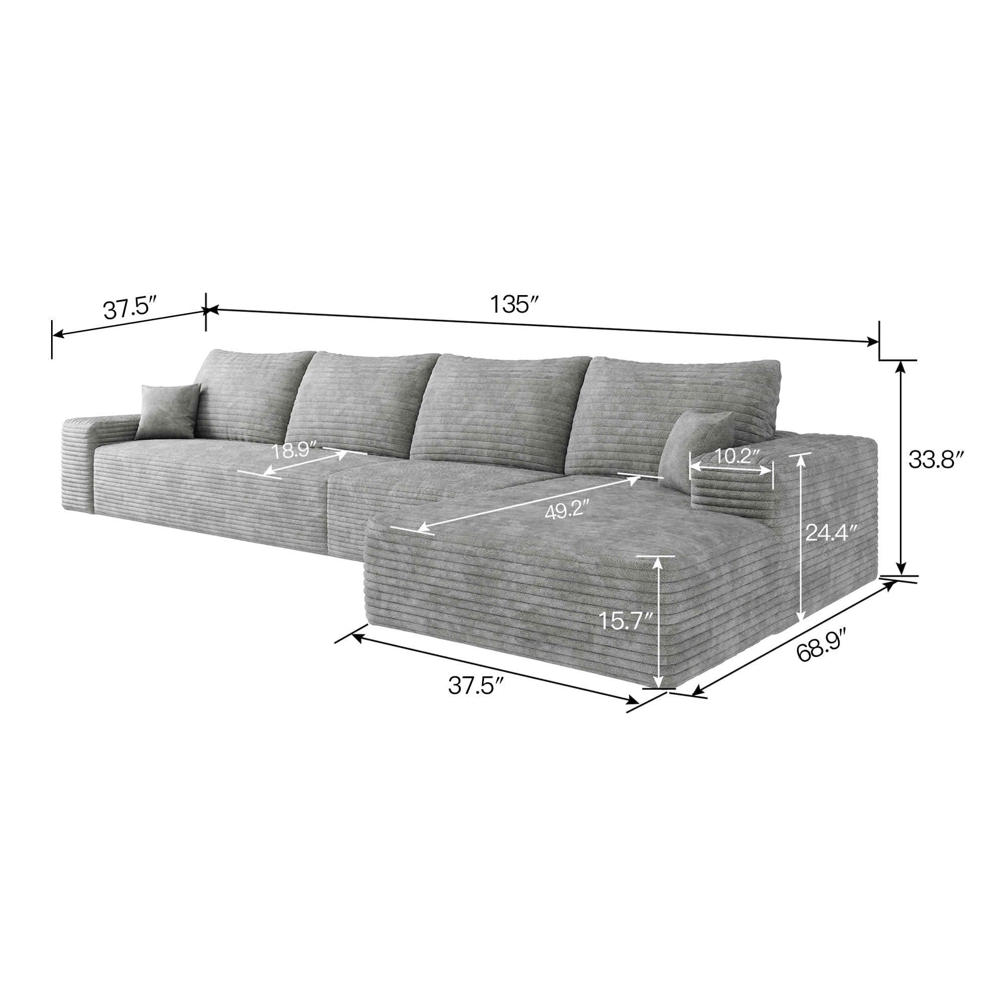 MAYEERTY L-Shaped Modular Cloud Couch, Plush Corduroy Sectional Sofa with Chaise, Deep Seat Leisure Sofa No Assembly for Home