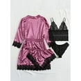 thumbnail image 4 of Women's Sleepwear 4pcs Floral Lace Trim Satin Cami Pajama Set with Robe Purple 4pcs M, 4 of 7