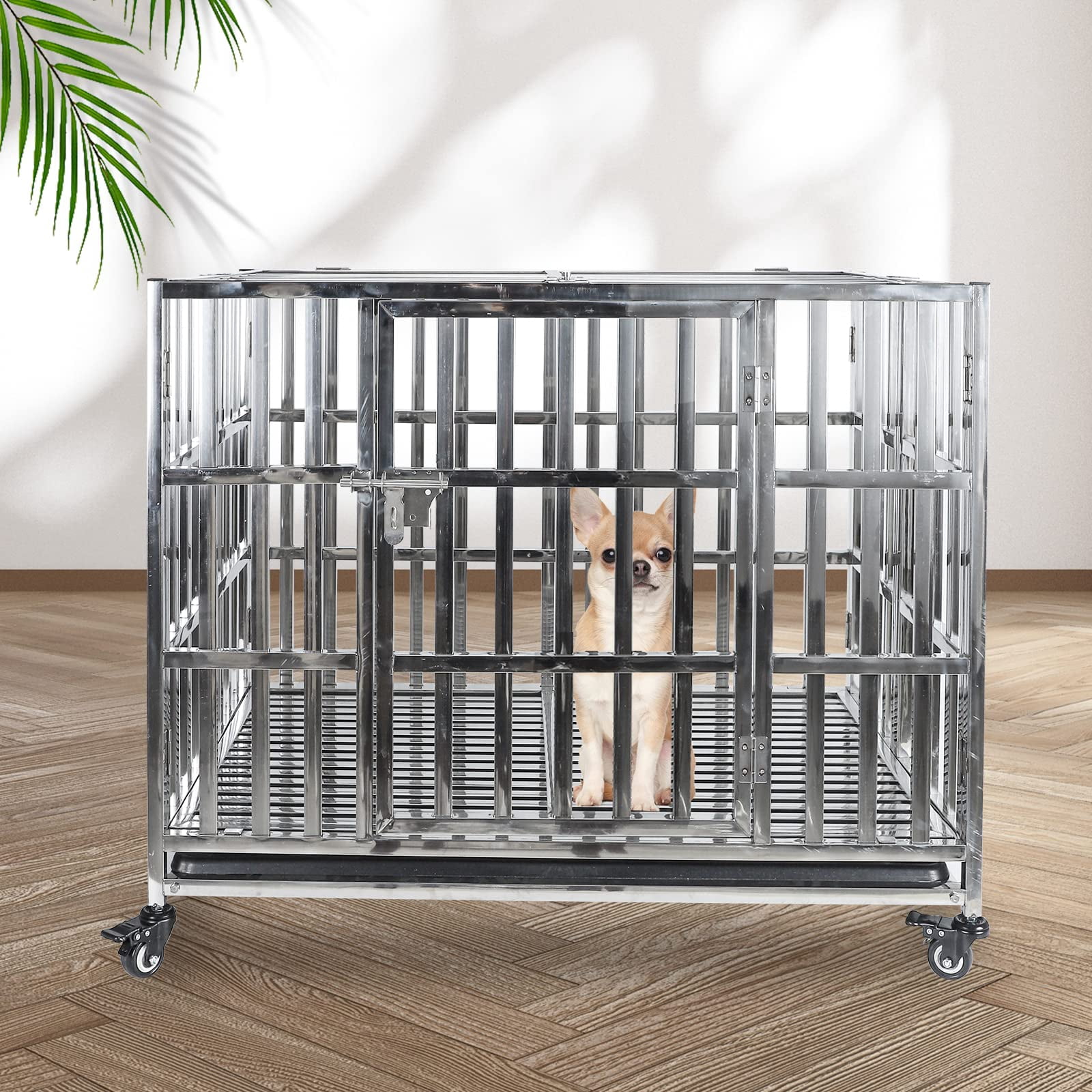 Confote 37" Stainless Steel Dog Crate Stackable Heavy Duty Pet Kennel Foldable Dog Kennels Dog Cage with Double Door for Out-Door Travel