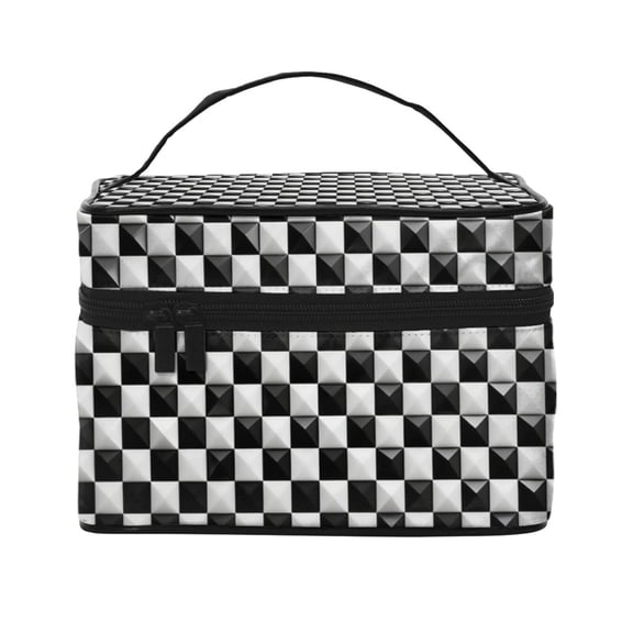 Makeup Bag Large Cosmetic Bag Black White Checkered Pattren Travel Zipper Pouch Toiletry Organizer With Handle For Women