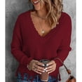 thumbnail image 3 of Suéter de punto de manga larga con cuello en V para mujer, suéter holgado informal a la moda para Otoño e Invierno con hombros descubiertos, color rojo vino L, 3 of 6