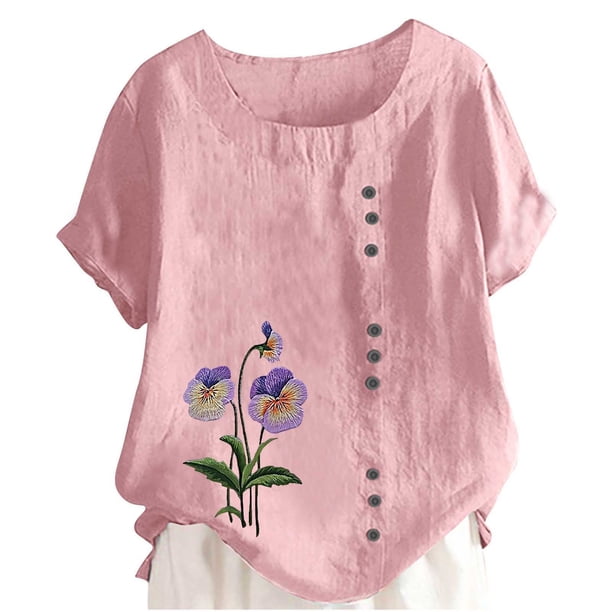 Fiudx Liquidación de Ahorros de Verano Camiseta de Verano con Cuello Redondo y Manga Corta para Mujer, Informal, con Botones Impresos