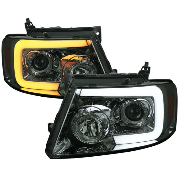 Switchback Sequential LED C-Bar Projector Headlights (Chrome Housing/Smoke Lens) Made for and Compatible with 2004-2008 Ford F-150/ 2006-2008 Lincoln Mark LT