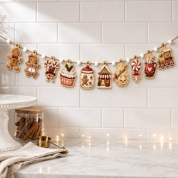 Garland Gingerbread and Candy Cane Wooden Wall Hanging for Christmas Home Decor