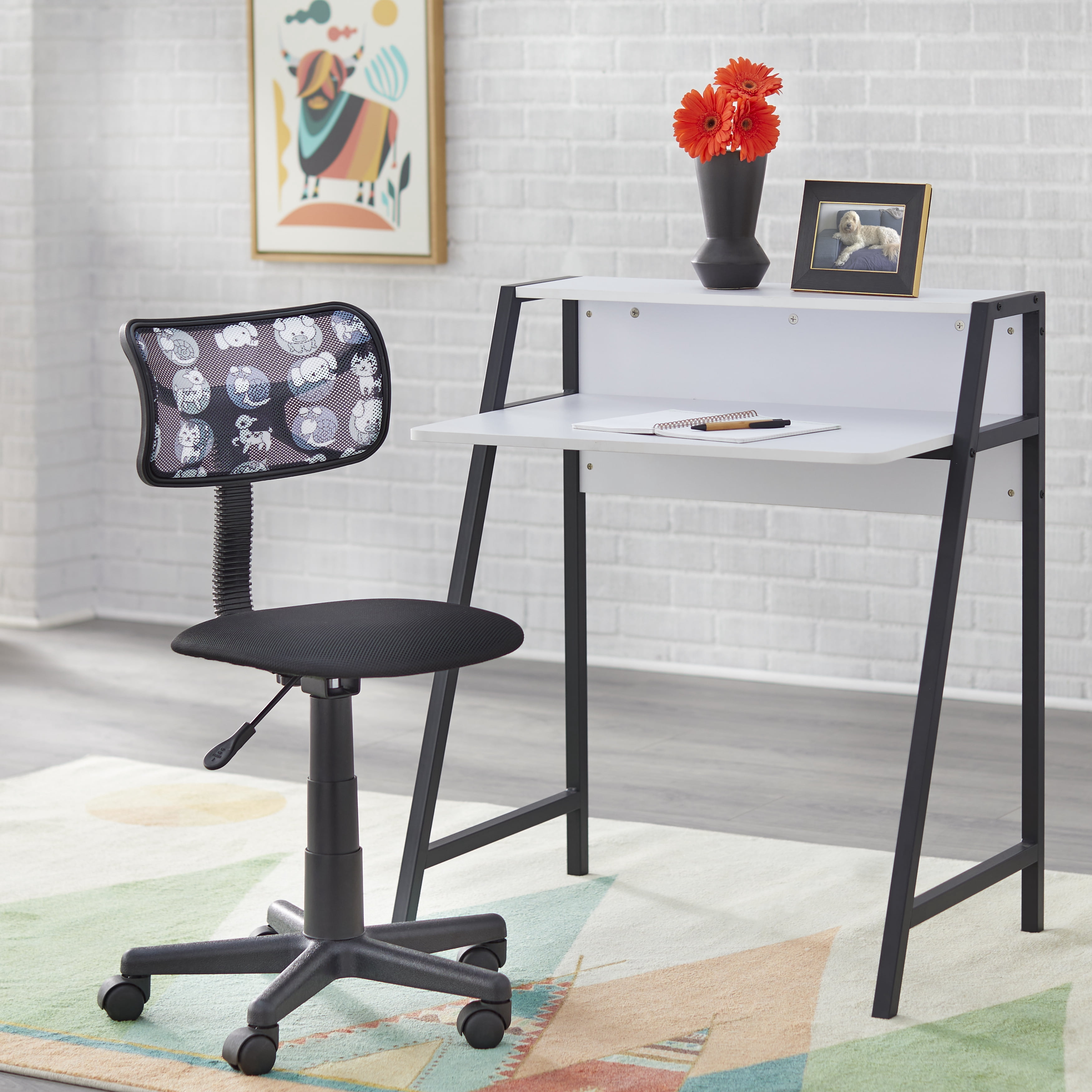 TMS Focus Metal Frame Kids Study Desk with Shelf, Two-Tone Black/White