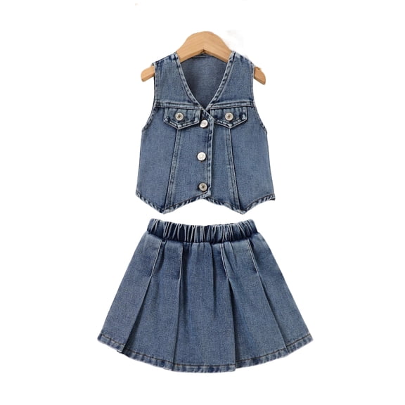 BLTIBY Toddler Girls Denim Outfits Solid Color Button Down Vest Tops and Pleated Skirts 2Pcs Summer Sets Blue 4-5 Years