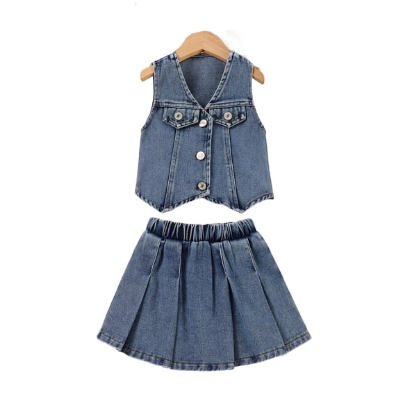 Tranfacy Girls Summer Outfits Sleeveless Button Up Denim Over Shirt Fashion with Denim Pleated Skirt Casual 2 Piece Set