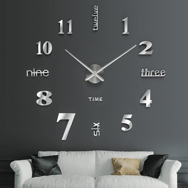 3D Horloge Murale , DIY Horloge Murale Digitale, Mouvement Silencieux, Horloge  Murale Design Moderne, Horloge Murale Geante pour Chambre Cuisine Salon (80  -120 cm), Argent 