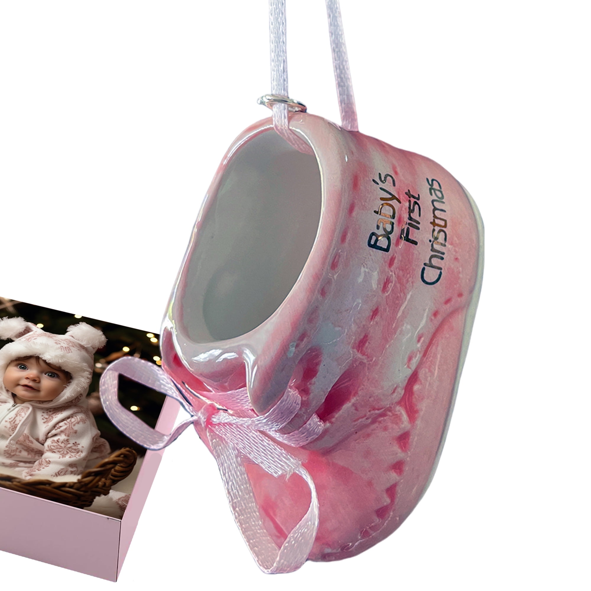 Baby Girl's First Christmas Pink Baby Shoe Ornament for Holiday Tree Décor Xmas Gifts, 5.2 Ounces