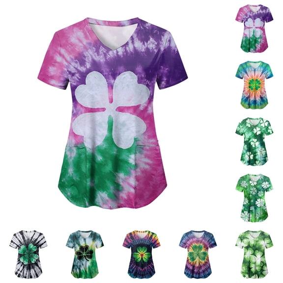 GEWSEY St. Patrick's Day Scrub Tops Women Cute V Neck Short Sleeve Green Shamrocks Printed Nurse Holiday Working Uniforms (Army Green, XL)