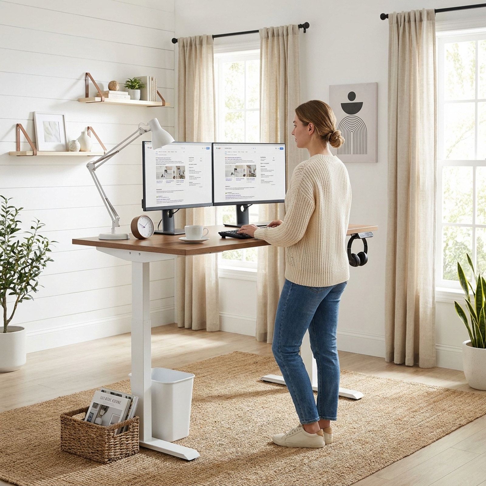 Furnibear 63 x 24 Inch Height Adjustable Sit Stand Computer Desk with 3 Memory Presets for Home Office Study Computer Writing Workstation, Natural