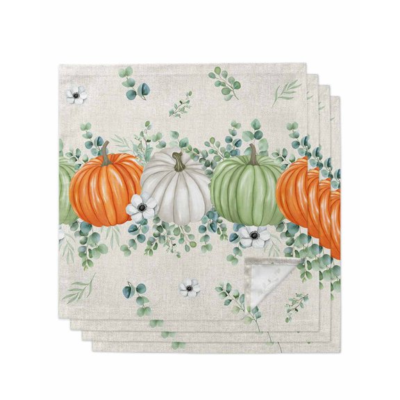 Fall Green Cloth Napkins Set of 4 Reusable Dinner Napkins, Orange White Thanksgiving Pumpkin Eucalyptus Cocktail Napkin Washable Table Napkins for Wedding/Holiday Party/Baby Shower 20"x20"
