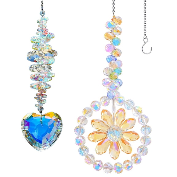 2Pcs Crystal Suncatchers Rainbow Maker Flower Heart Hanging Decoration for Windows Outdoor Home Garden