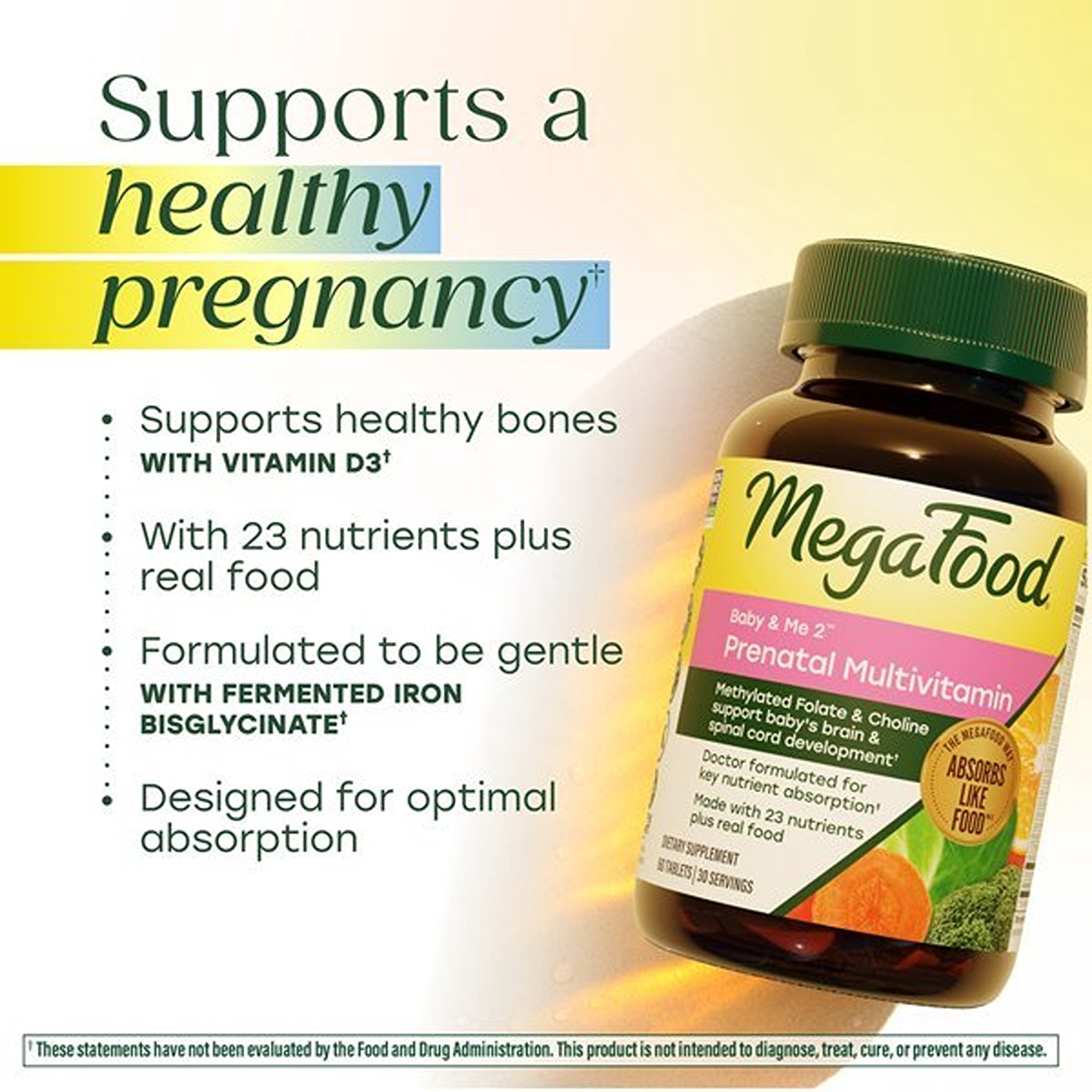 MegaFood Baby & Me 2 Prenatal Multi - Folate, Choline, Iron, Vitamins C & D3 - 60 Servings