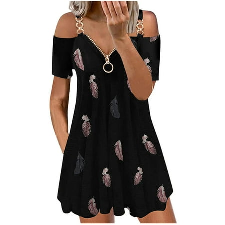 

Lanhui Women Casual Zipper Printing V-Neck Strapless Sling Short Dress