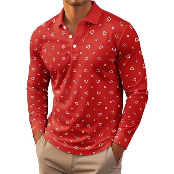 Mens Polos Elegant Shirt With Valentine Heart Print Long Sleeve Casual Clothes