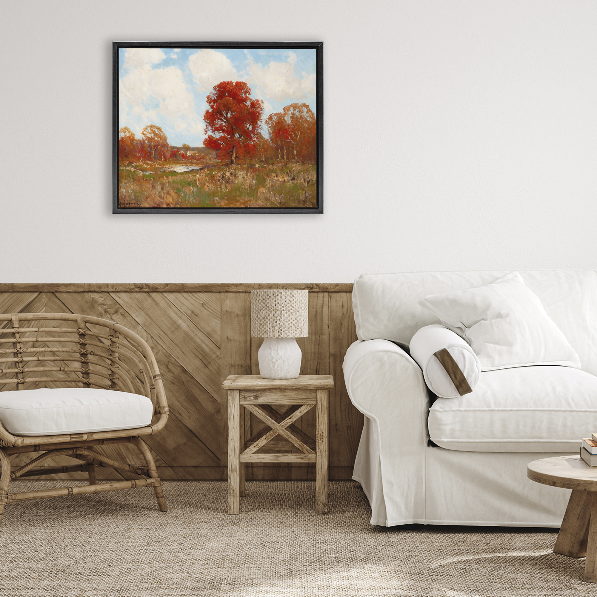 Fall Landscape with Red Foliage Black Framed Floater Canvas Wall Art, design by Arlington Prints