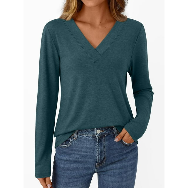 HAiming Shirt for Women V Neck Long Sleeve Solid Color Pullover Tops Casual Comfortable Soft Basic Tee
