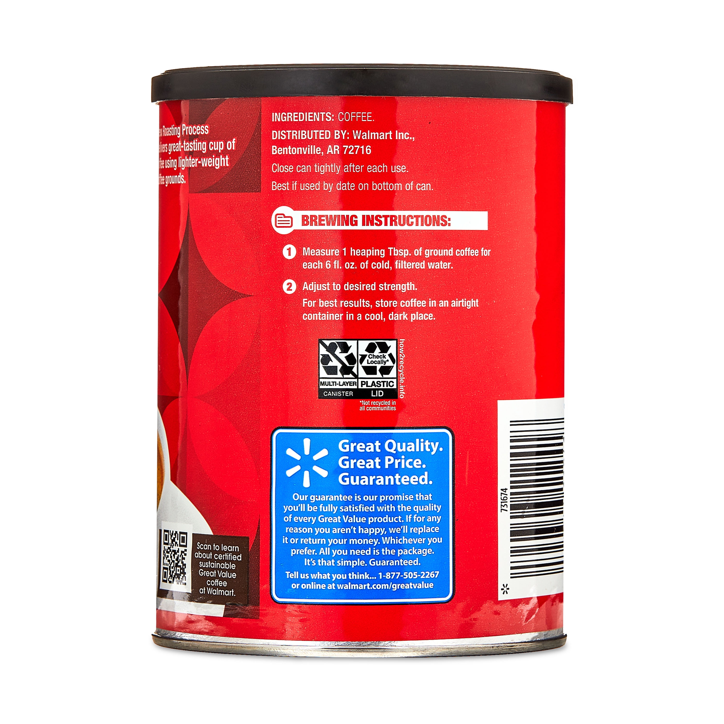 (6 pack) Great Value Classic Roast Ground Naturally Caffeinated Coffee, 9.6 oz Canister