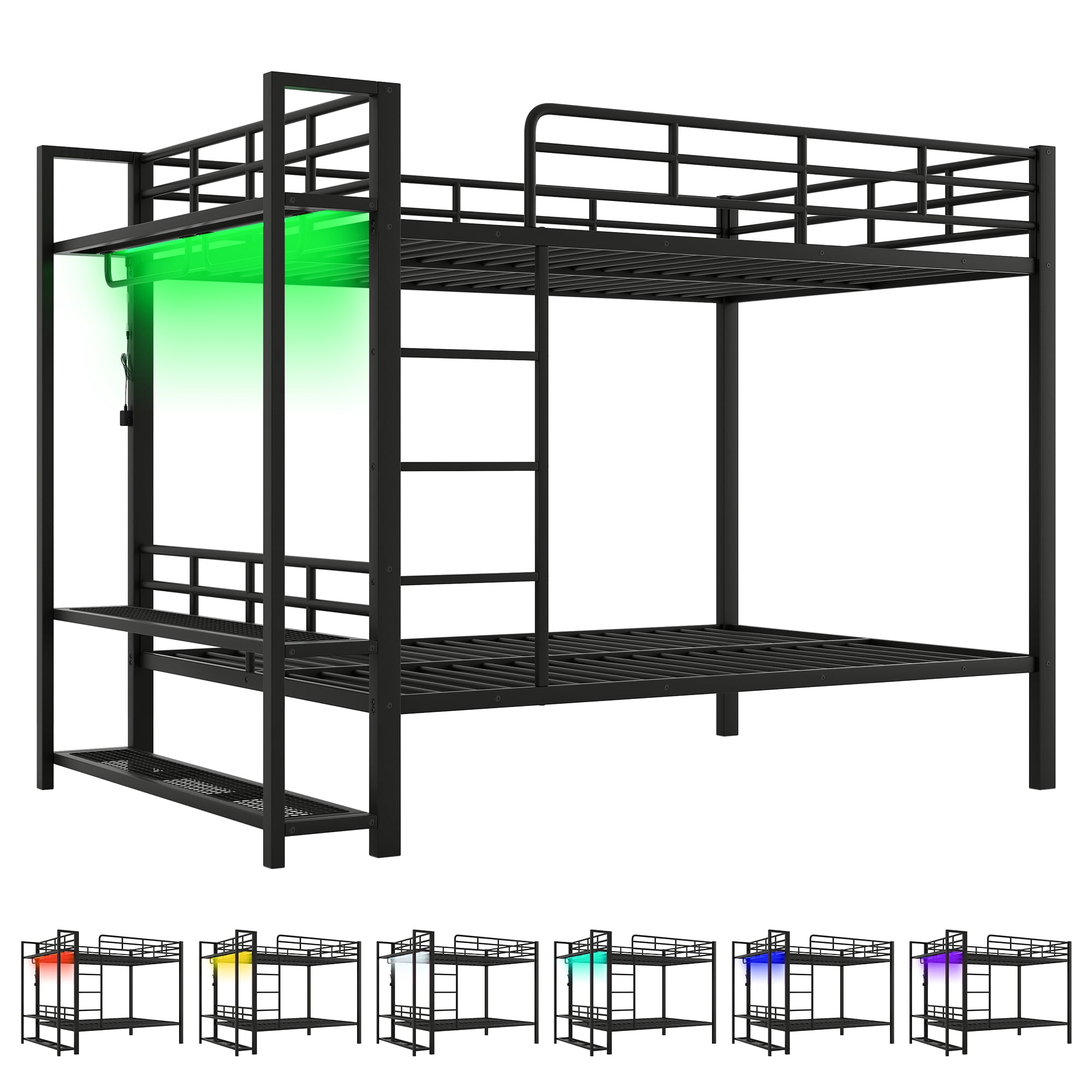 Full Size Metal Bunk Bed with Storage Mesh Shelves and Clothes Hooks,LED Light,Black